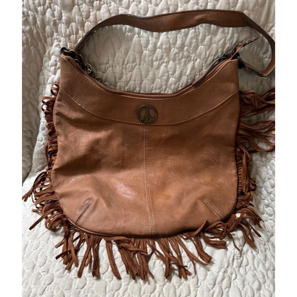 Axcess Liz Claiborne Brown Fringe Hobo Shoulder Bag Peace Sign Boho Purse Y2K
